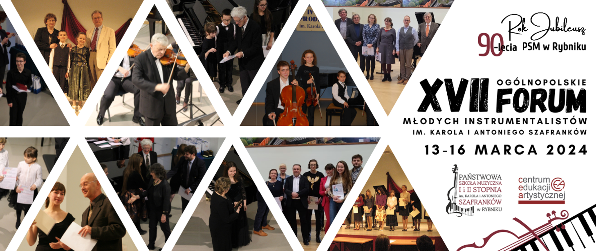 Nagłówek o białym tle, na którym znajduje się 12 kolorowych zdjęć umieszczonych w trójkątach. Na zdjęciach uczestnicy poprzedniej edycji forum wraz z jury.