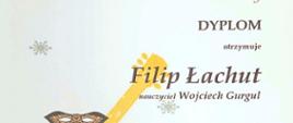 dyplom Filipa Łachuta uczeń klasy gitary, który otrzymał III nagrodę na XX Karnawałowym Konkursie Gitarowym w Skarżysku -Kamiennej, grafika na dyplomie przedstawia pomarańczową gitarę na bladym tle z brązowymi i czerwonymi napisami oraz logiem szkoły muzycznej w Skarżysku -Kamiennej na górze