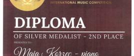 Dyplom dla Mai Korzec z klasy fortepianu mgr Iwony Ulbrich za zajęcie Drugiego Miejsca i uzyskanie Srebrnego Medalu w kategorii Junior Stage w sekcji klawiszowej w Czternastym Międzynarodowym Konkursie Muzycznym na Festiwalu Muzyki i Sztuki w Krakowie "Sfogato stage" od 28 do 31 grudnia 2023.