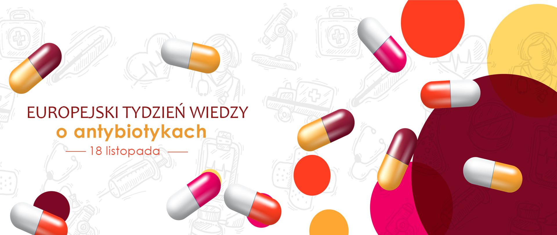 Grafika ilustrująca rozrzucone tabletki na tle ikon związanych z medycyną takich jak: stetoskop, karetka, termometr, mikroskop, lekarz, tabletki, plastry z opatrunkiem. Napis: Europejski tydzień wiedzy o antybiotykach, 18 listopada.