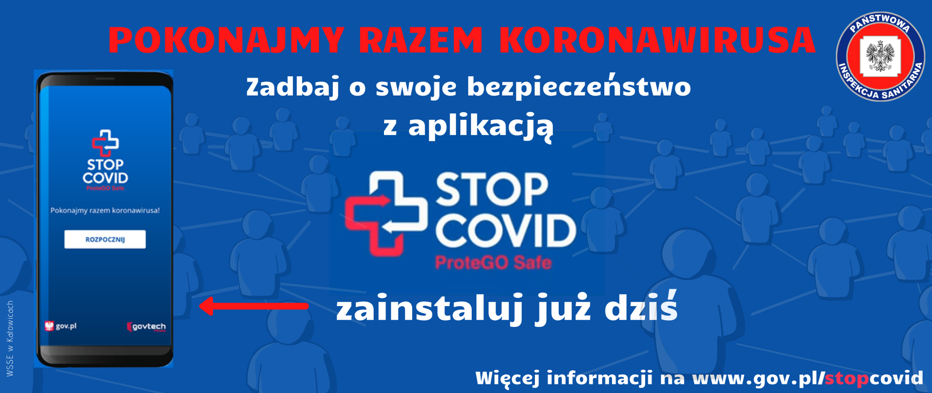 Na bannerze widoczny jest telefon komórkowy z uruchomioną aplikacją STOPCOVID oraz informacją ze aplikację należy zainstalować oraz podaniem linku do strony gdzie dostępne są wszystkie informację na temat aplikacji 