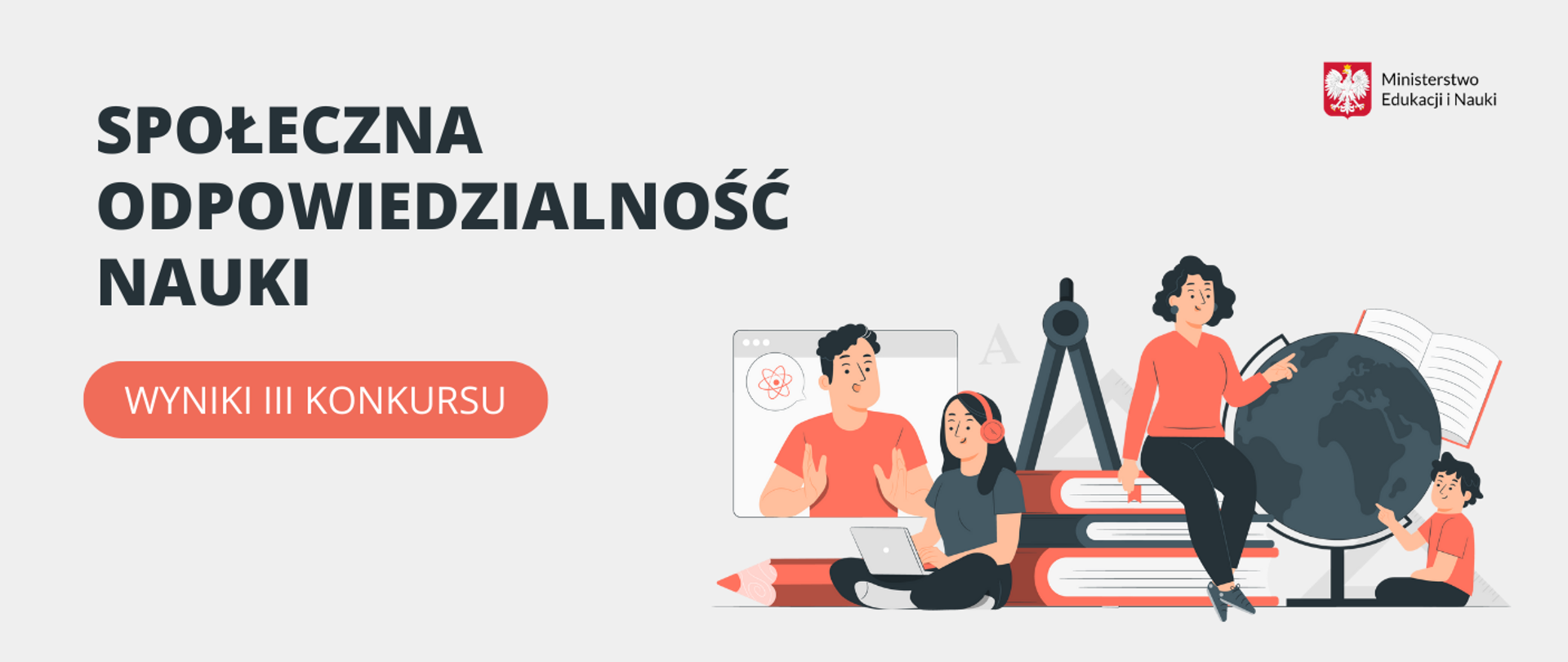 Grafika - na białym tle napis Społeczna Odpowiedzialność Nauki - wyniki III konkursu i stylizowane sylwetki ludzi.