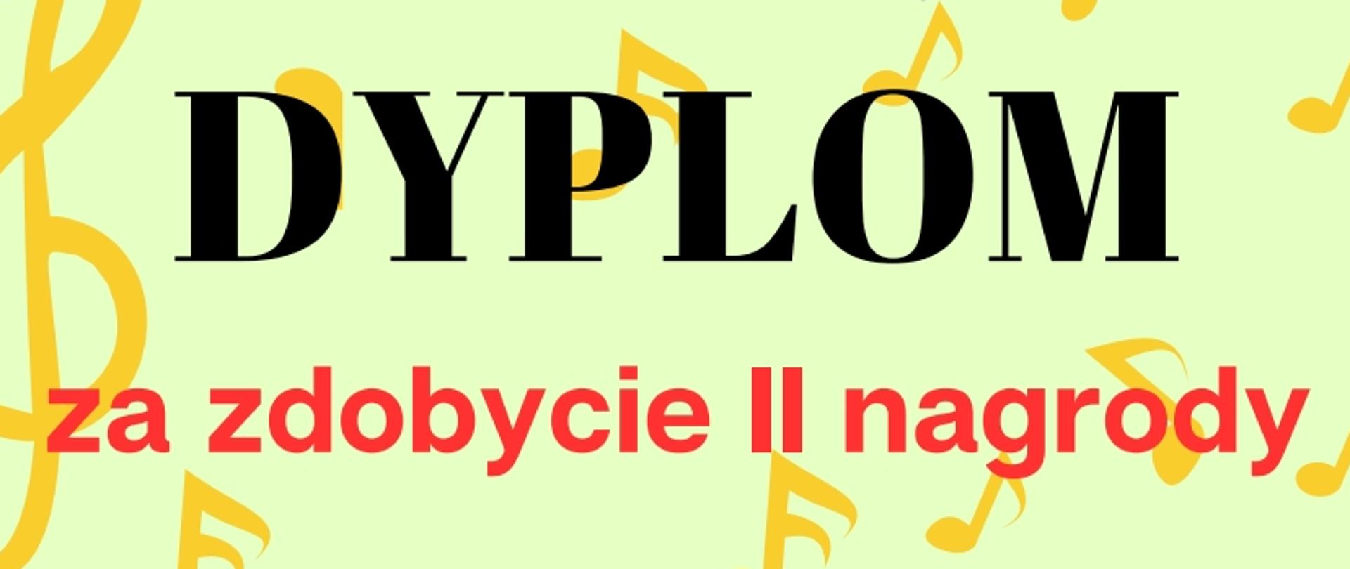 Zdjęcie przedstawia dyplom za zdobycie II nagrody dla uczennicy. W tle narysowane instrumenty muzyczne oraz narysowane klucze wiolinowe i nutki na seledynowym tle.