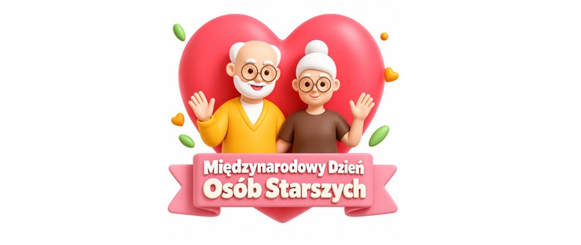 Grafika pokazuje w formie rysunkowej parę starszych osób (siwy łysiejący mężczyzna z siwą brodą i siwa kobieta z kokiem) na tle serca. Pod spodem widnieje napis Międzynarodowy Dzień Osób Starszych.