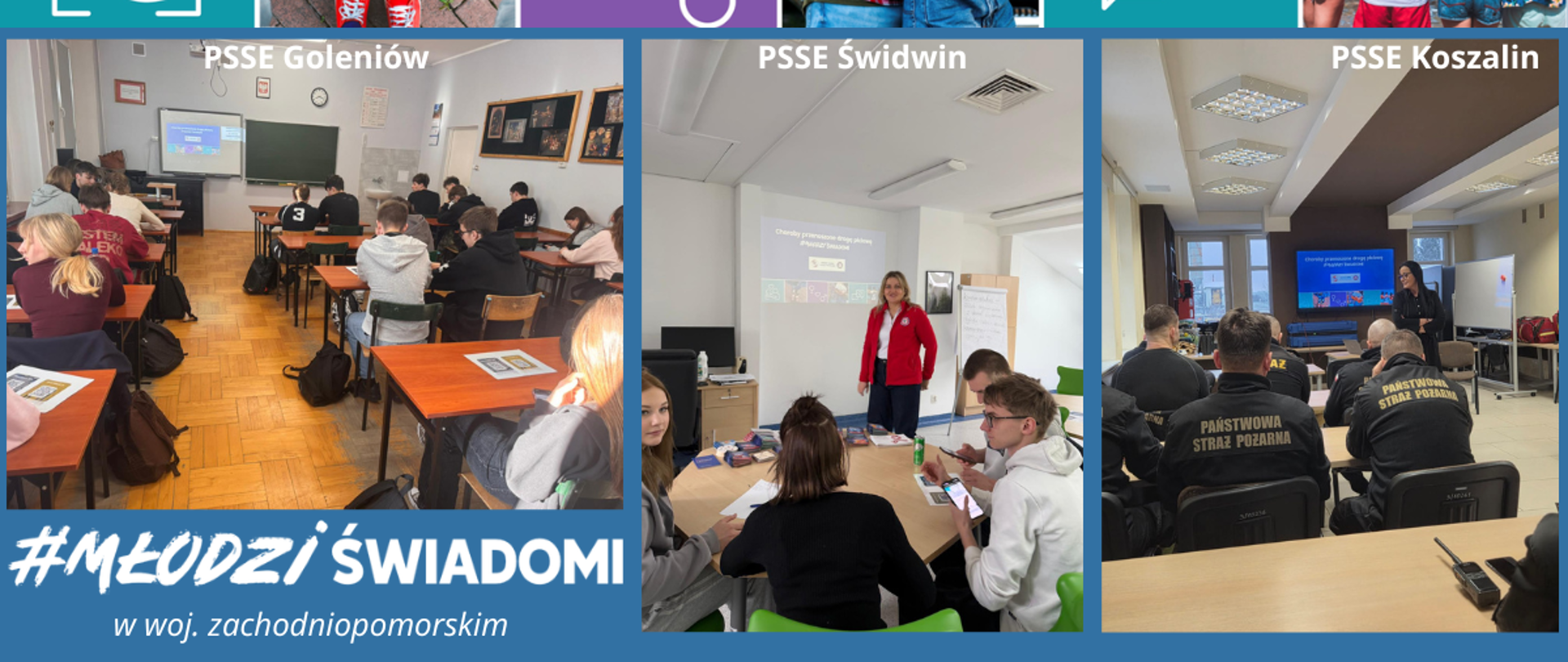 kolaż zdjęć przedstawiający grupę młodzieży w ławkach szkolnych, albo siedzących przy okrągłym stole, strażaków słuchających wykładu i realizatorów ze stacji epidemiologiczno-sanitarnych