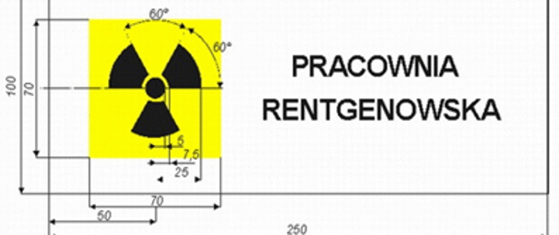 Wzór tablicy informacyjnej ze znakiem ostrzegawczym przed promieniowaniem jonizującym. Na żółtym polu symbol czarny symbol promieniowania.