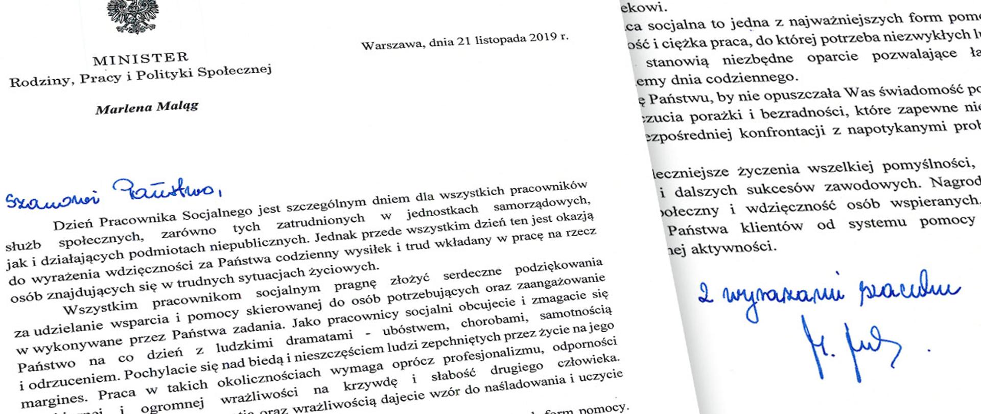 Fragment listu minister Marleny Maląg