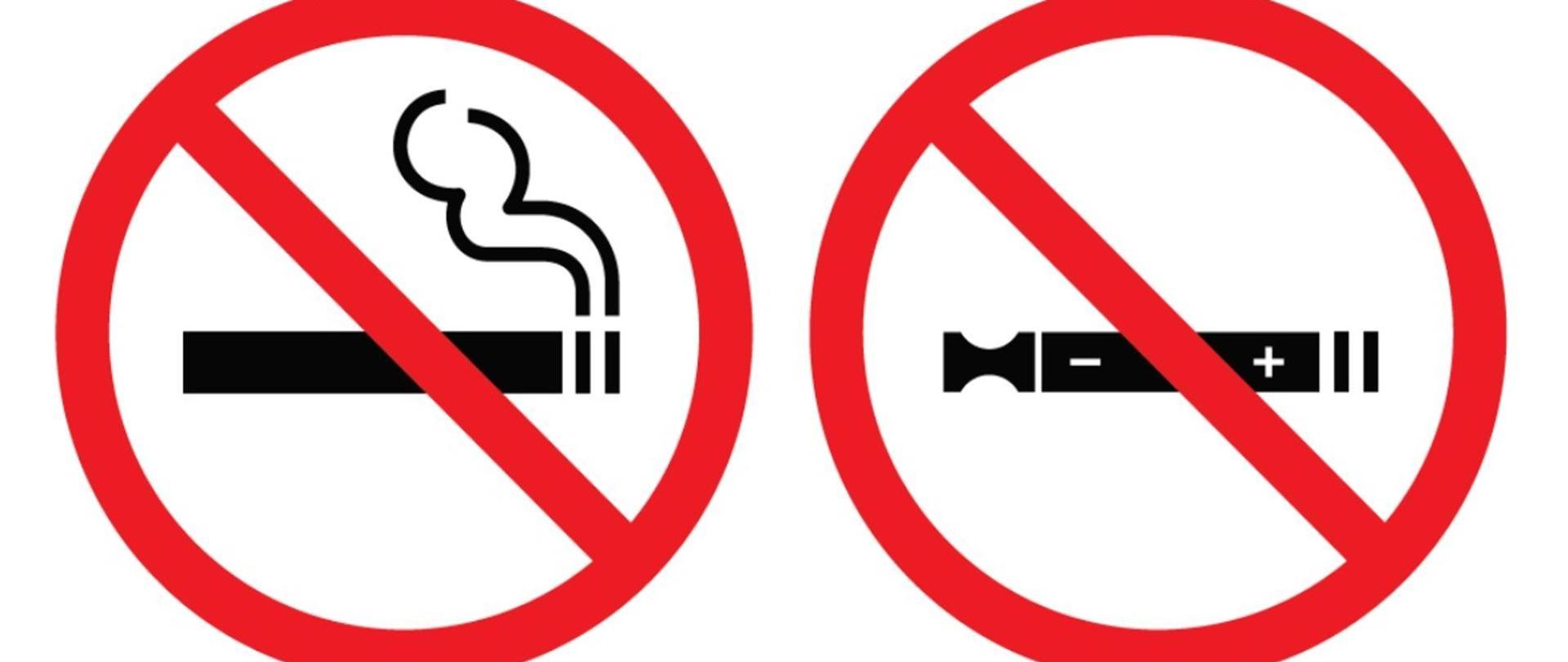 Czerwony okrąg z przekreślonym papierosem na białym tle.