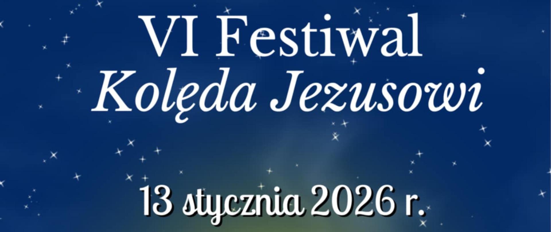 Plakat jest w kolorach granatowym, żółtym, czarnym i białym. Na środku stajenka w kolorze czarnym nad nią po bokach anioły, a na środku rozbłyskują gwiazdy. Na górze napis VI Festiwal Kolęda Jezusowi , dalej data i godzina wydarzenia. Na dole miejsce wydarzenia