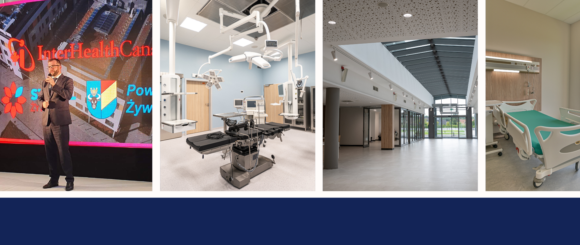 Kolaż zdjęć - od lewej wiceminister Grzegorz Puda na scenie, obok trzy zdjęcia sal szpitalnych.