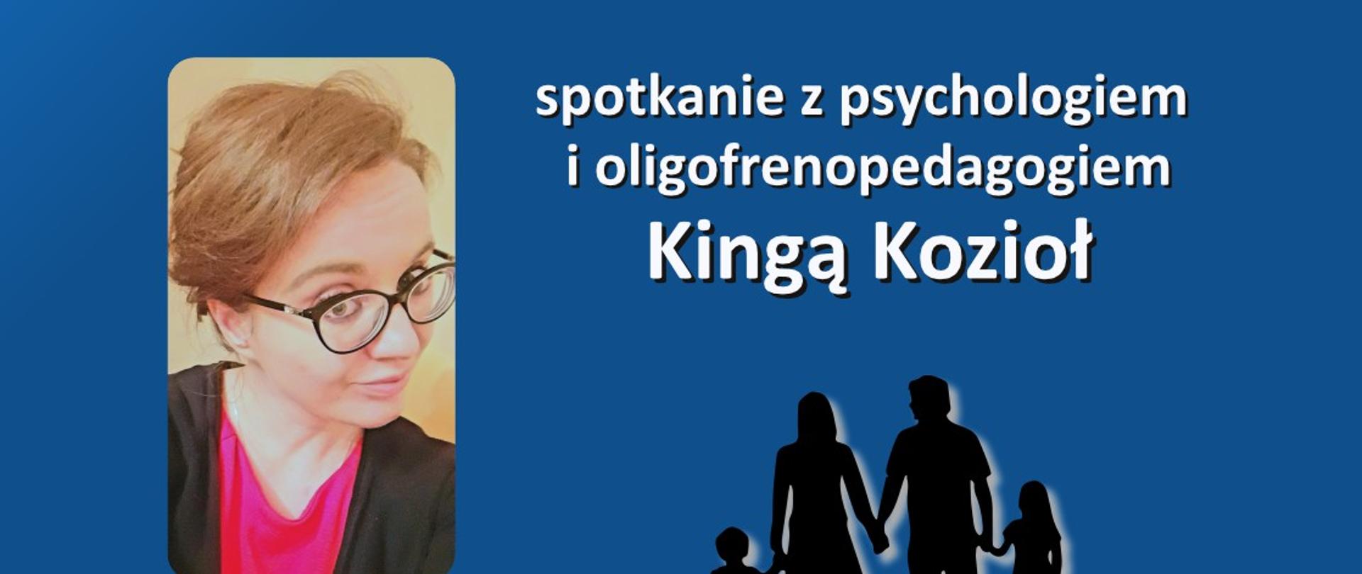 plakat na granatowym tle informujący o spotkaniu z psycholog Kingą Kozioł