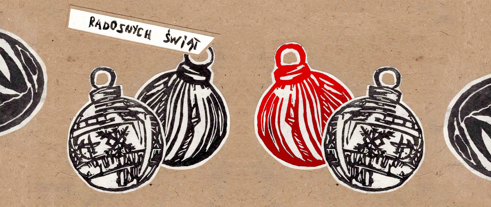 Grafika: bombki z życzeniami świątecznymi.
