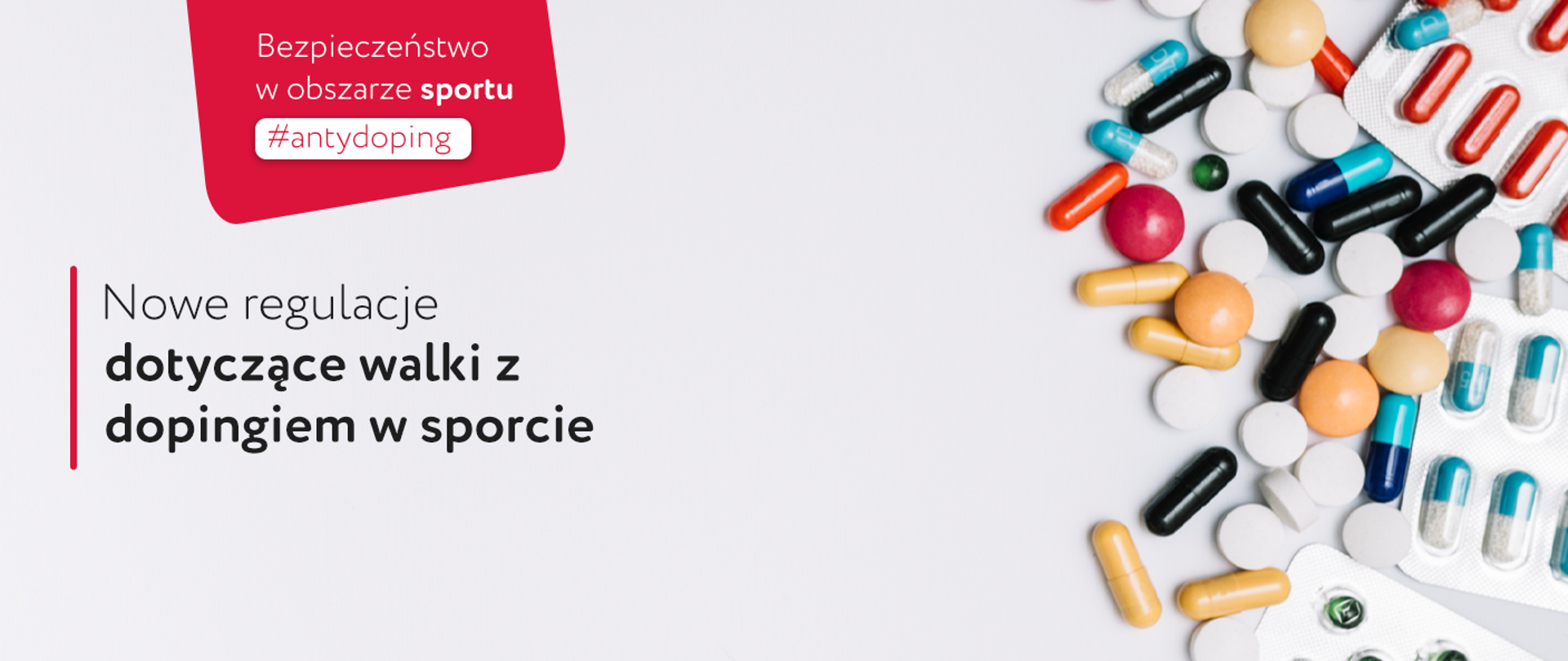 Grafika "Nowe regulacje dotyczące walki z dopingiem w sporcie" w tle tabletki.