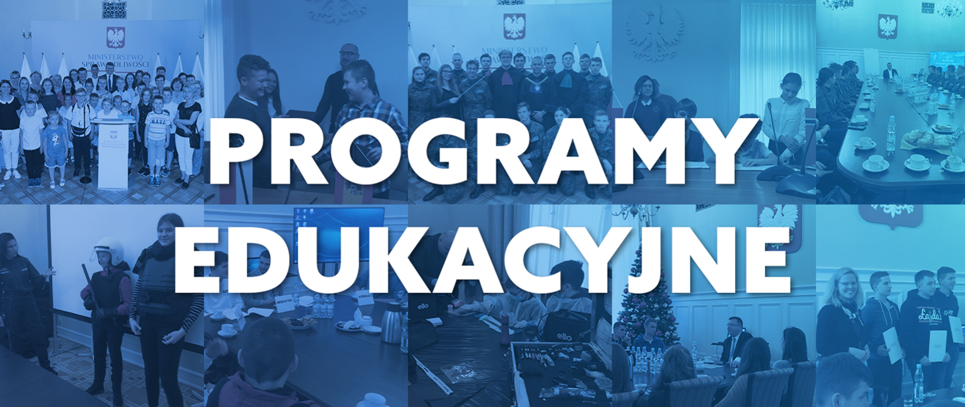 Kolaż ze zdjęć młodzieży na niebieskim tle. Na nim napis programy edukacyjne.