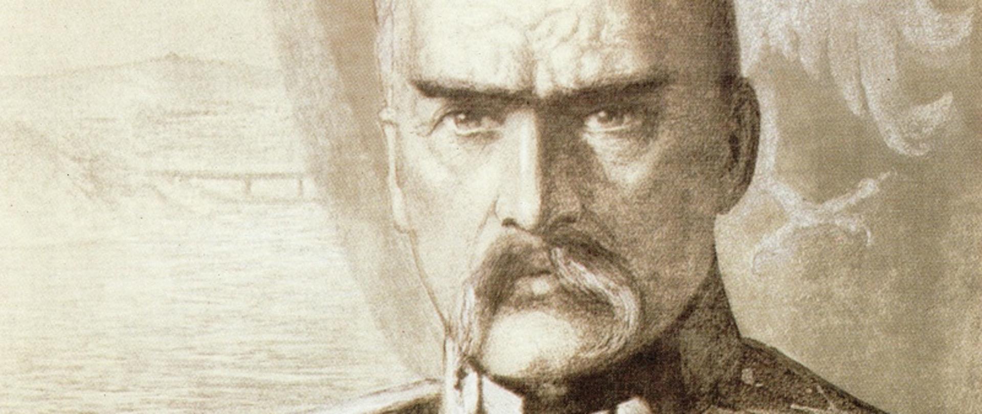 zdjęcie Józefa Piłsudskiego na tle godła Polski