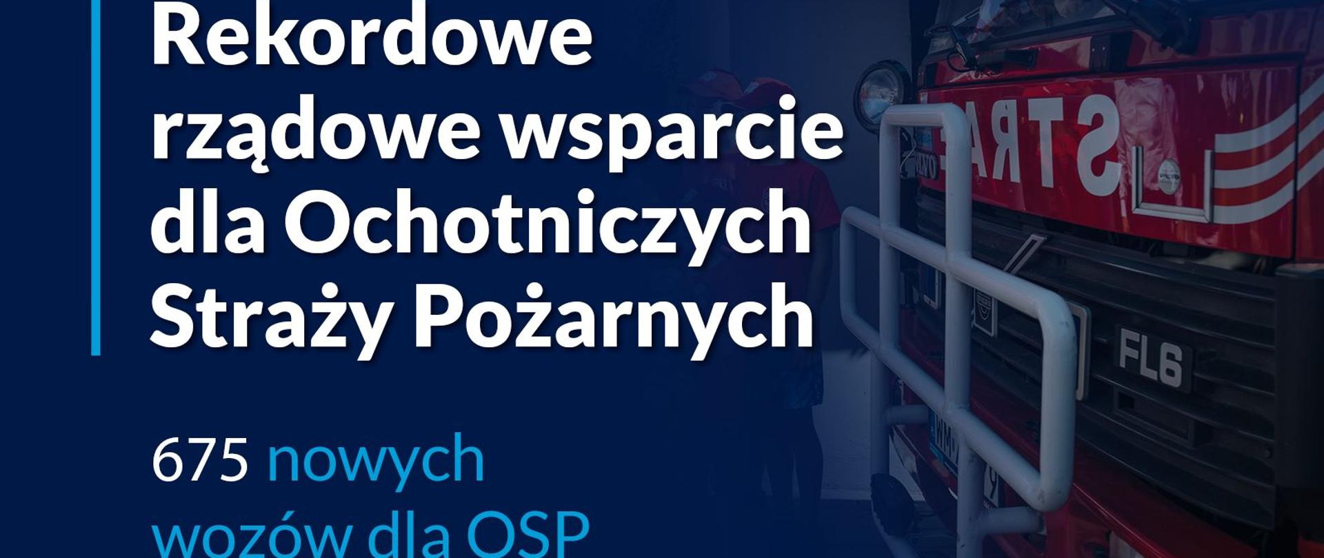 Na niebieskim tle znajduje się napis w kolorze białym i niebieskim. po prawej w tle czerwony samochód strażacki