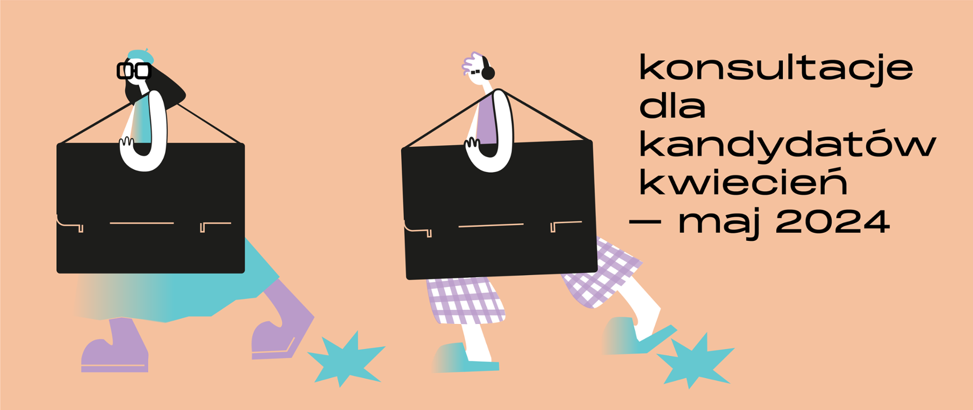 Grafika przedstawia na tle w kolorze brzoskwiniowym, po prawej czarny napis konsultacje dla kandydatów kwiecień - maj 2024, po lewej i na środku grafiki przedstawiające idących kandydatów na uczniów z teczkami w kolorach czarnym, liliowym i turkusowym.