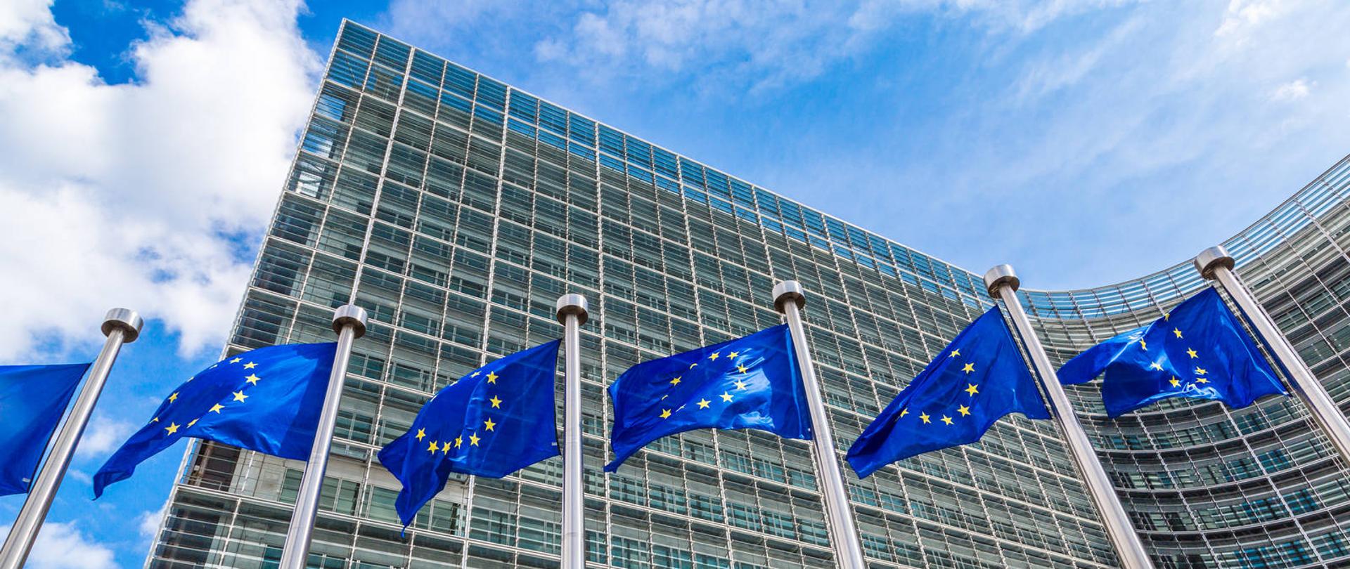 Flagi UE na tle budynku.