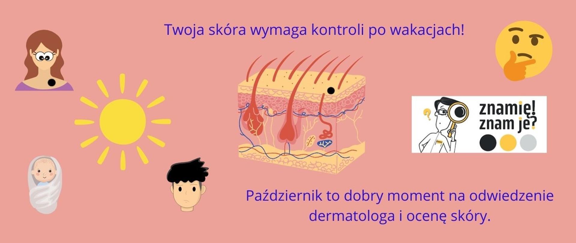 Przekrój skóry człowieka z pieprzykiem, otoczony słońcem, twarzami kobiety, mężczyzny i dziecka. Emotikonka zatroskana, poniżej znak programu onkologicznego Znamię! Znam je?
Informacja, ze skóra wymaga kontroli po wakacjach, a październik to dobry moment na konsultację u dermatologa.
