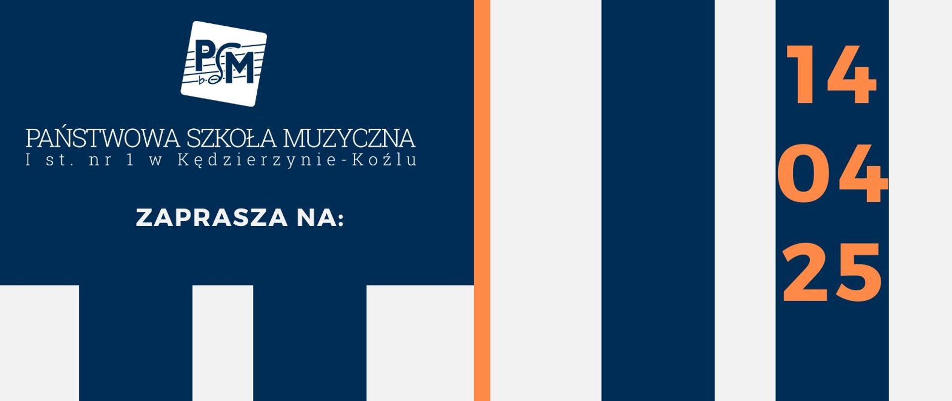 Plakat ma pionowy układ i stylizowany jest na klawiaturę fortepianu, wykorzystując kontrastujące kolory: granatowy, biały i pomarańczowy. W centralnej części znajduje się informacja o warsztatach fortepianowych prowadzonych przez mgr Mariusza Danilewskiego, a po prawej stronie umieszczono datę 14.04.2025 oraz godziny zajęć. Na dole widnieje cytat: „Technika fortepianowa i wyobraźnia jako spójne elementy pracy nad utworem.