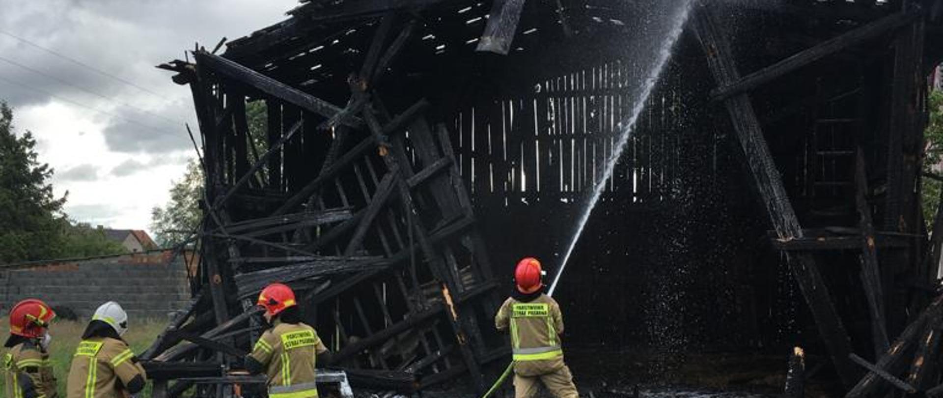 Strażacy dogaszają budynek gospodarczy, stodołę wykonaną w całości z drewna w miejscowości Złotnik.