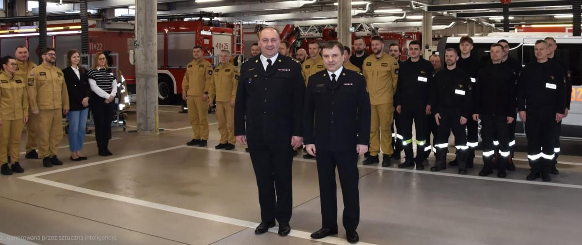 Na zdjęciu widoczni strażacy zgromadzeni na garażu