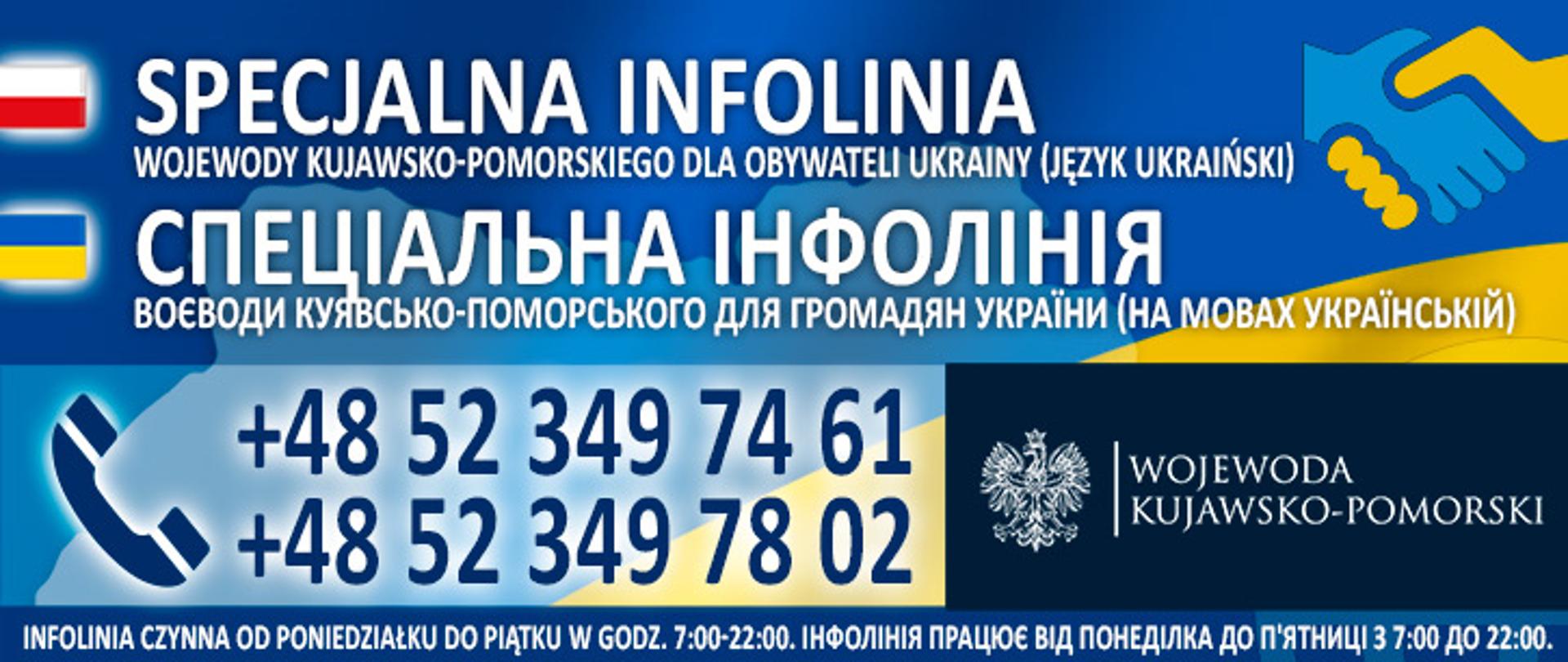 Granatowo-niebiesko-żółta grafika z numerami telefonów na infolinię dla uchodźców.