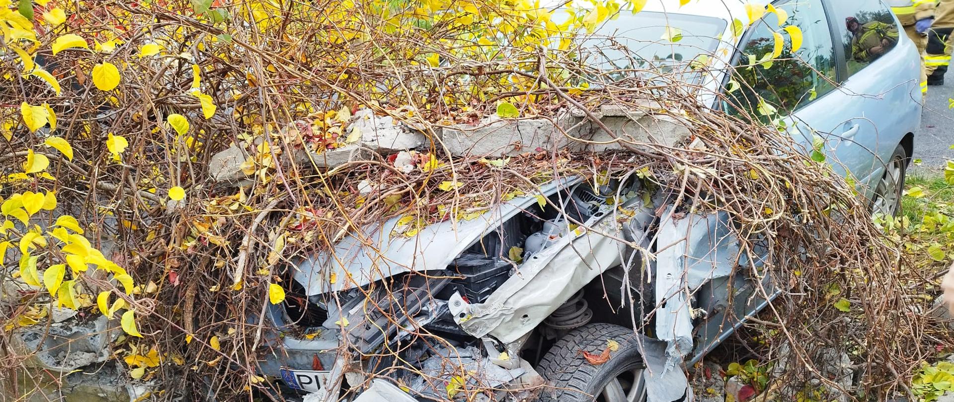 Samochód osobowy z uszkodzonym przodem stoi na poboczu w krzakach z otwartym bagażnikiem.