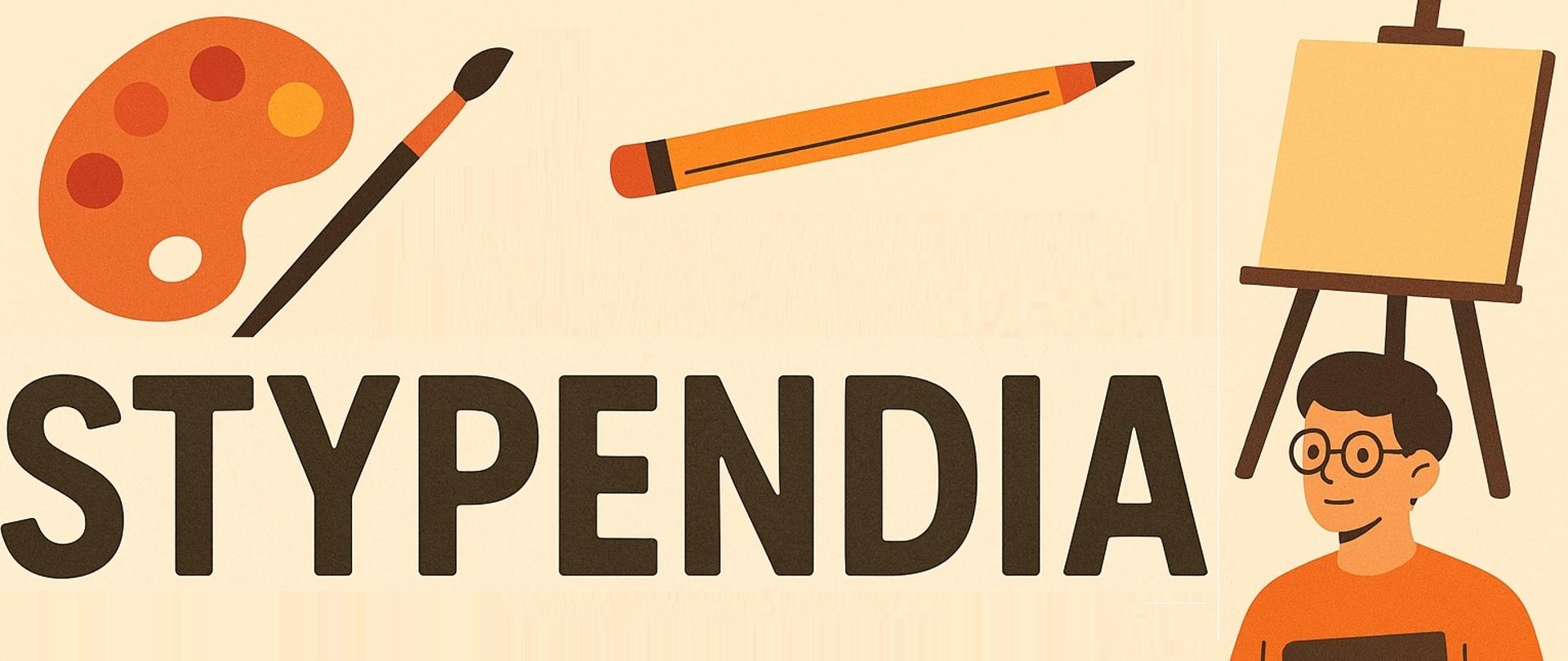 Ilustracja z napisem stypendia, obok pędzel, paleta, ołówek, sztaluga i uczeń w konwencji komiksowej.