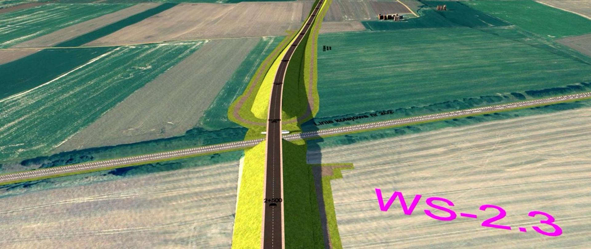 Wizualizacja przebiegu drogi krajowej nr 20 nad torami kolejowymi. Zdjęcie satelitarne, na który nałożono projekt 3D przebiegu drogi.