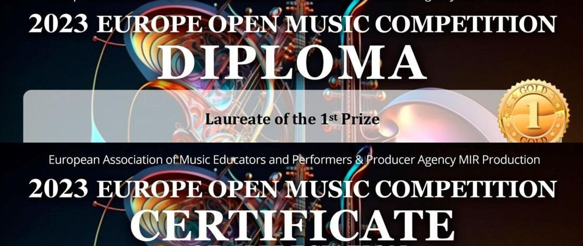 2023 EUROPE OPEN MUSIC COMPETITION - fragmenty dyplomów tworzą banerek konkursu.