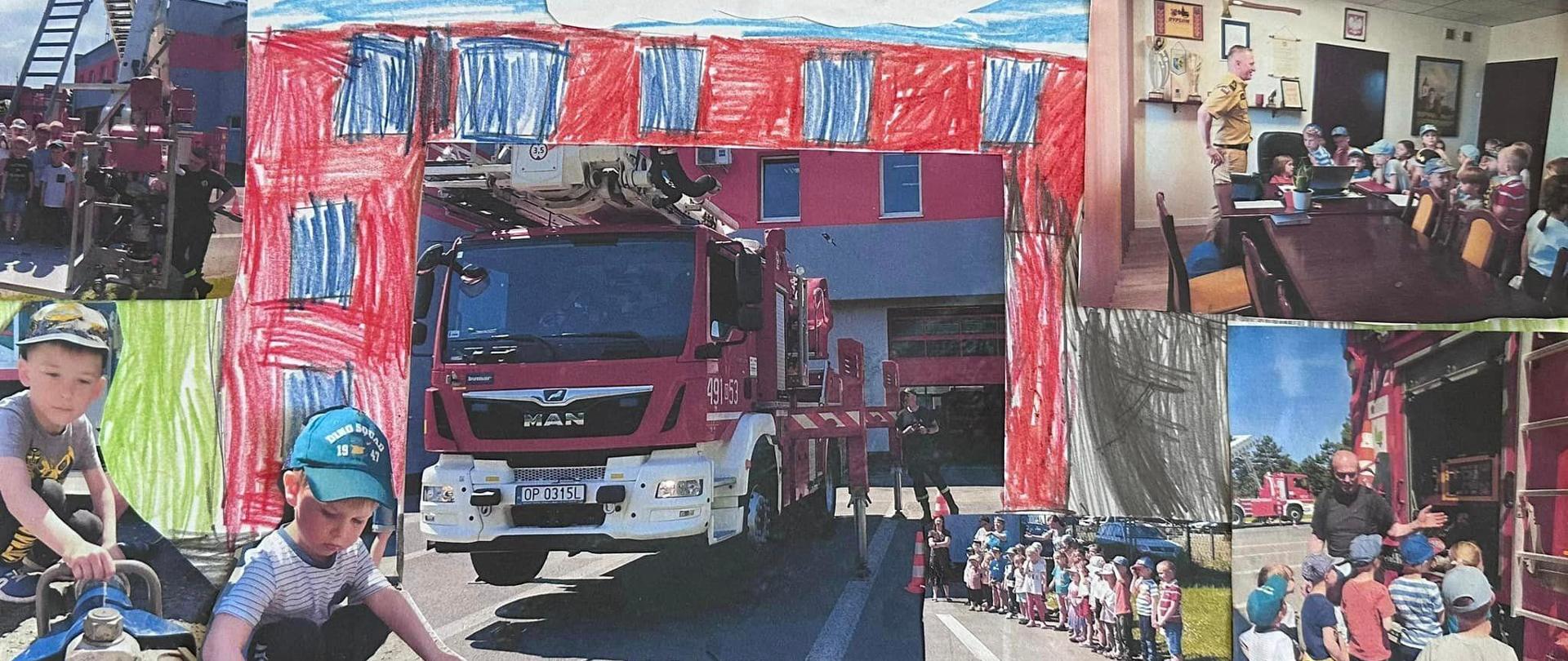 Na zdjęciu znajduje się plakat z dziećmi z przedszkola oraz fragmentami strażnicy i pojazdów strażackich