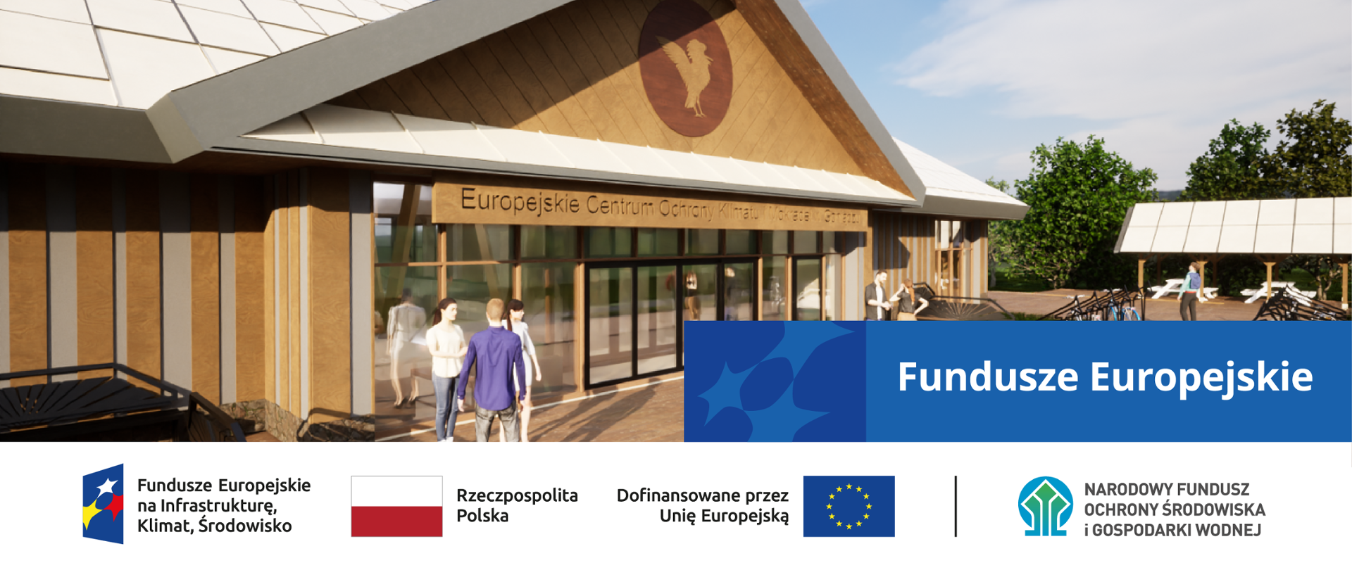 Budowa Europejskiego Centrum Ochrony Klimatu i Mokradeł w Goniądzu - wizualizacja wyglądu zewnętrznego budynku tego centrum. Na dole ciąg logotypów dla FEnIKS