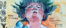 Ilustracja w stylu akwareli i komiksu przedstawia postać o rozwianych włosach i zarumienionej twarzy, patrzącą ku górze. 