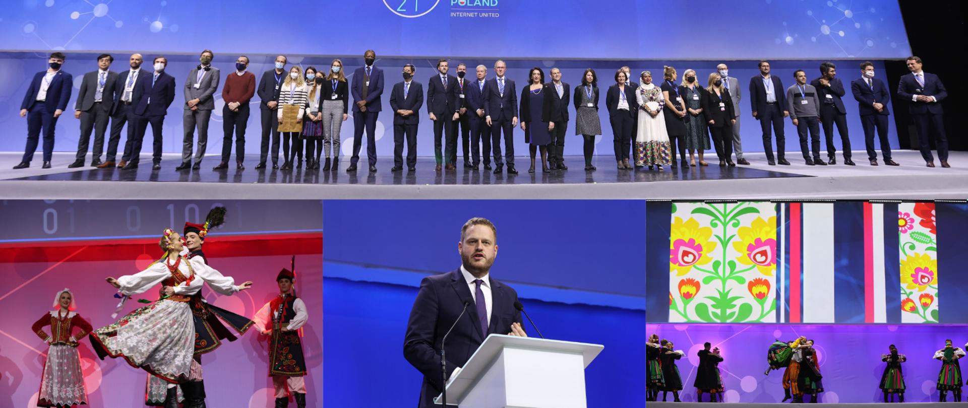 Kolaż zdjęć z ceremonii zakończenia Szczytu Cyfrowego IGF 2021 - występy zespołu Śląsk, minister Janusz Cieszyński i inni uczestnicy.