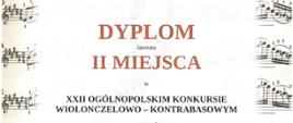 Na beżowym tle w brzegach każdego boku widnieją nuty w czarnym kolorze. Na środku widać imię i nazwisko lureata, nauczyciela oraz podpisy jury.