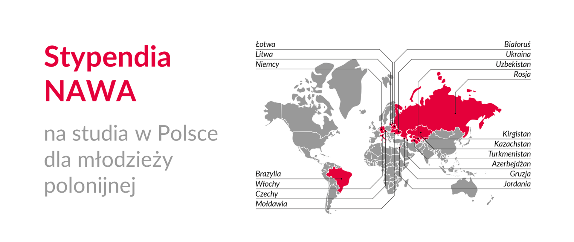 Grafika z mapą świata i tekstem: "Stypendia NAWA na studia w Polsce dla młodzieży polonijnej"