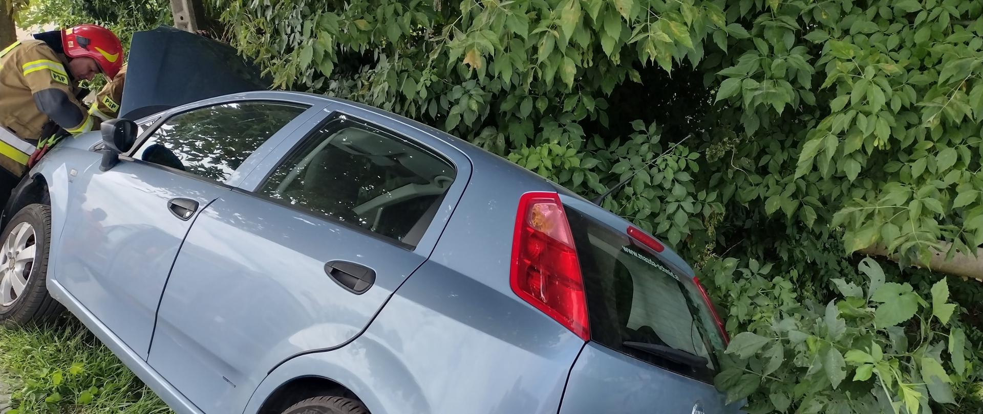 Samochód osobowy fiat nad zboczem kanału w zaroślach. Dwóch strażaków wykonujących zabezpieczenie miejsca zdarzenia oraz zaparkowane samochody gaśnicze.