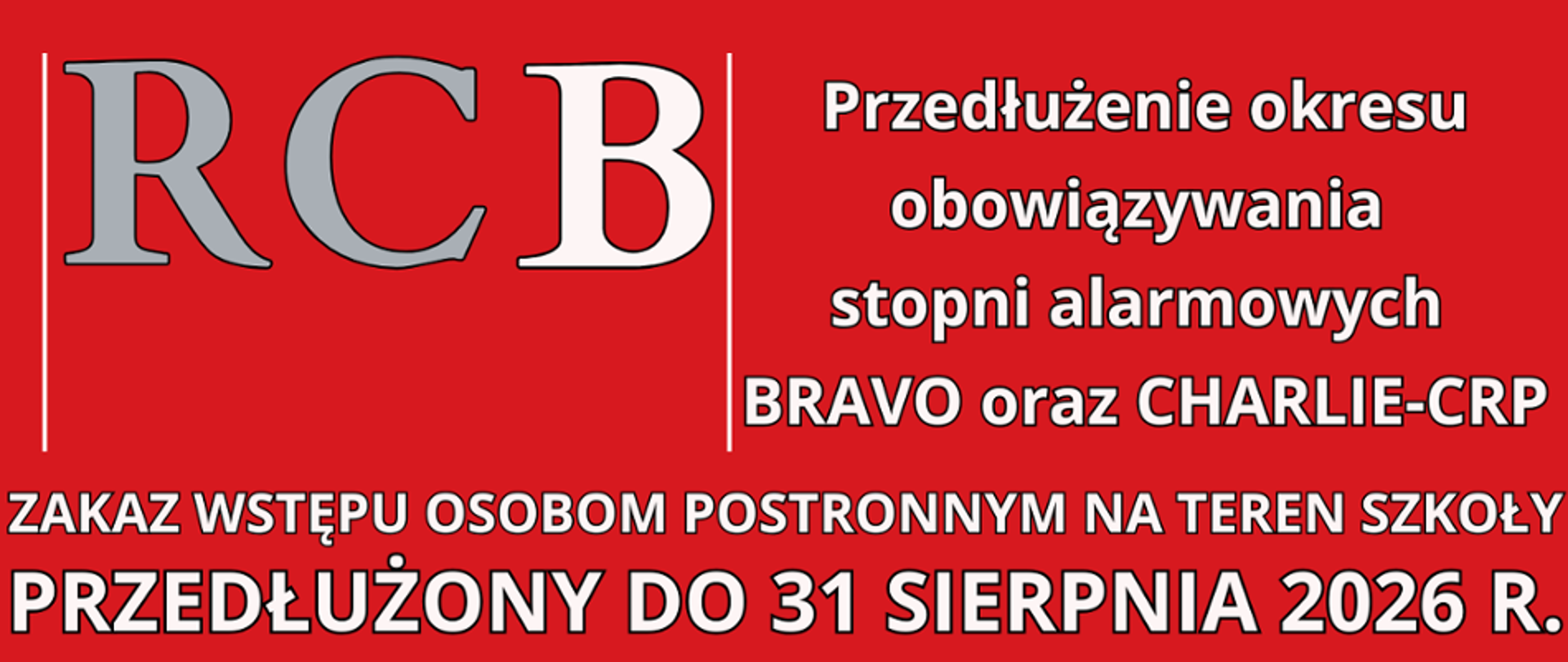 Biały napis na czerwonym tle dotyczący alertu RCB