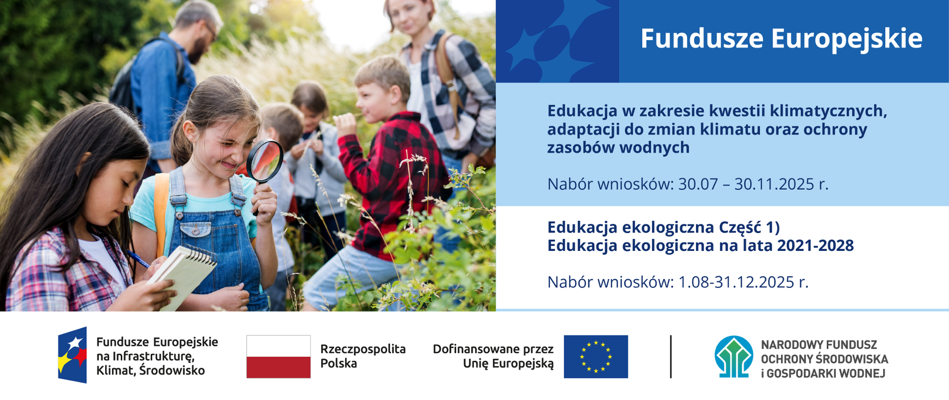 Plansza ilustracyjna. Fundusze Europejskie. W stopce planszy ciąg logotypów od lewej: FEnIKŚ, flaga Rzeczypospolita Polska, flaga UE Dofinansowane przez UE, NFOŚiGW