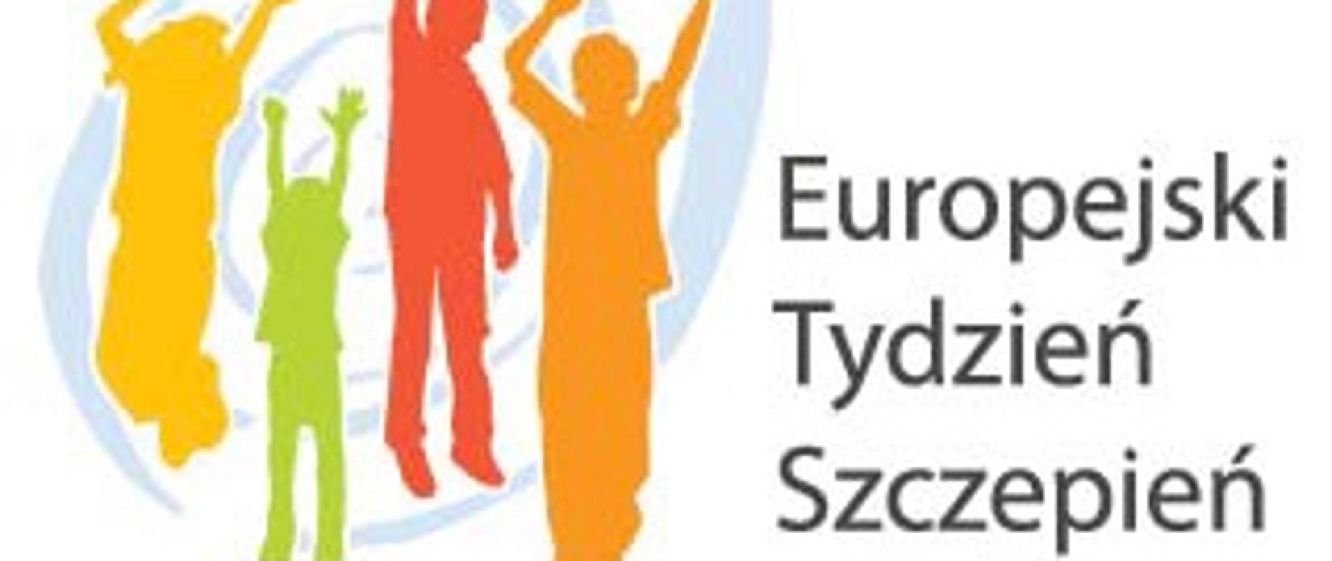 grafika przedstawiająca kolorowe cienie czterech postaci radosnych ludzi podskakujących z rękoma uniesionymi w górę i z napisem Europejski Tydzień Szczepień.