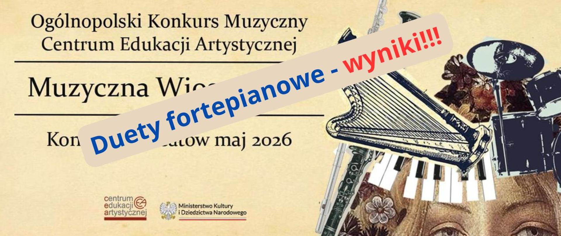 Baner dotyczący wyników konkursu duetów fortepianowych na tle z grafiką z plakatu. 