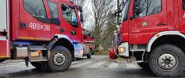 Fotografia przedstawia samochody pożarnicze między, którymi strażacy OSP i PSP pracują przy usuwaniu skutków silnych wiatrów. W oddali widać powalone drzewo.
