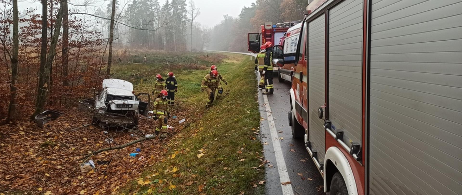 na zdjęciu na poboczu drogi uszkodzony samochód osobowy, przy nim strażacy w ubraniach specjalnych i czerwonych hełmach. W okół pojazdy porozrzucane elementy pojazdu. Na drodze pojazdy służb ratowniczych, dwa samochody Straży Pożarnej i Karetka.