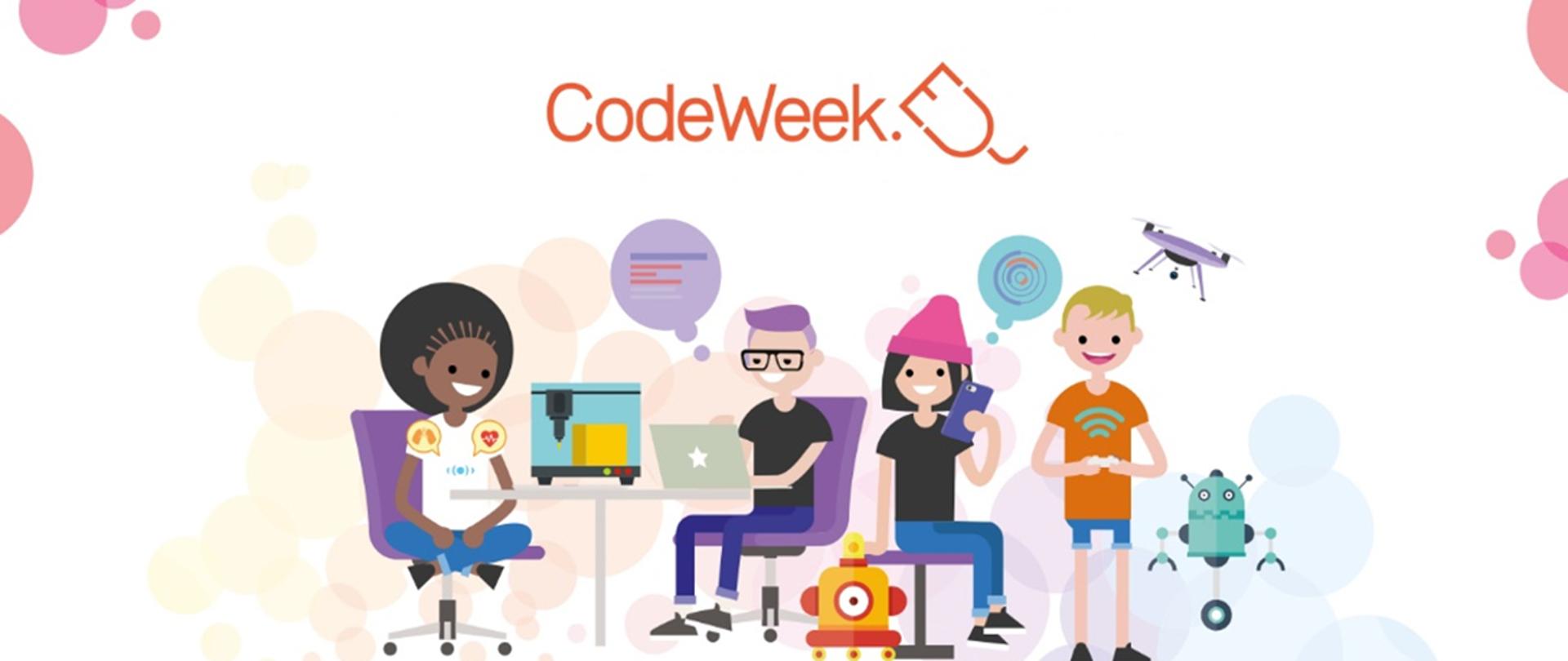 Grafika z dziećmi i sprzętem elektronicznym oraz napisem "CodeWeek"