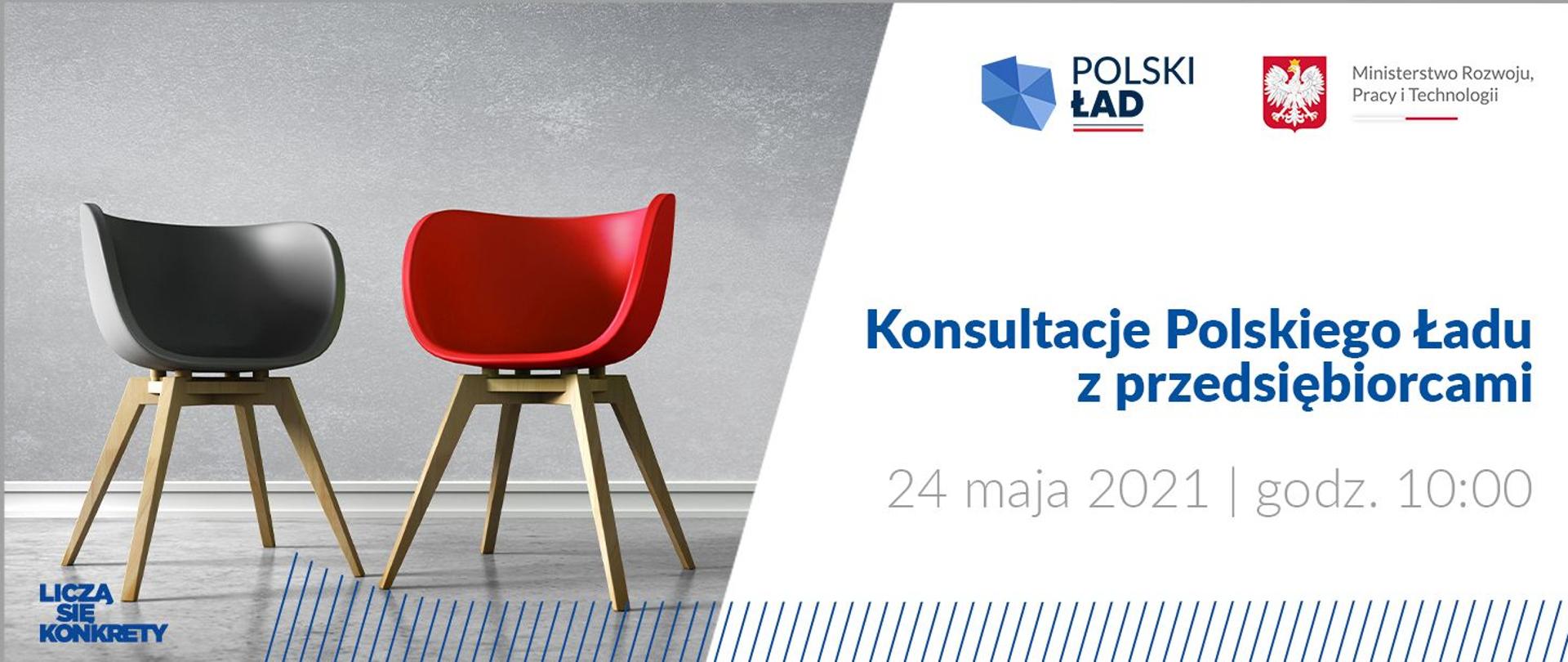 Po lewej stronie dwa krzesła, po prawej stronie informacje o konferencji