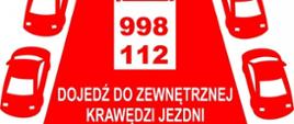 infografika przedstawiająca korytarz ratunkowy z samochodem ratowniczym i napisem "Dojedź do zewnętrznej krawędzi jezdni"
