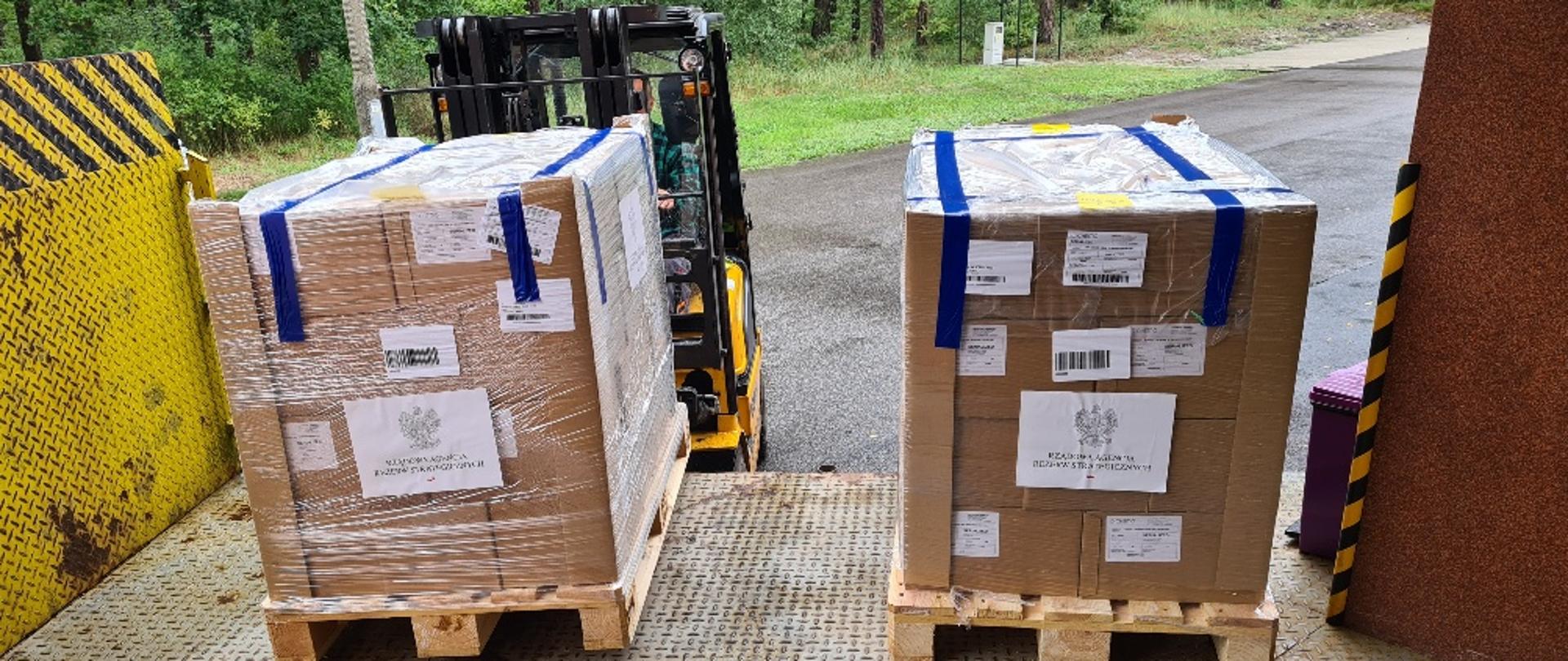 spakowane szczepionki na paletach do przewozu 