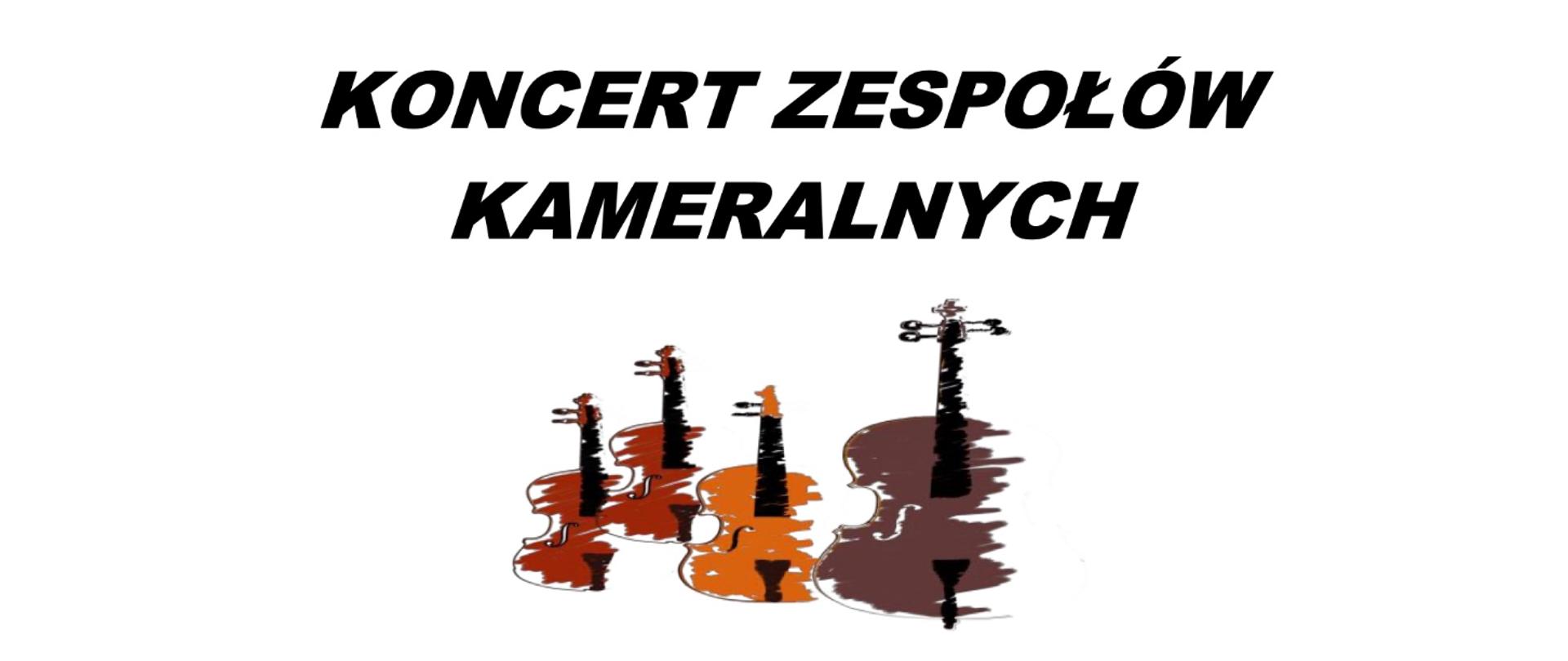 Plakat przedstawia w swej centralnej części 4 kolorowe ikony instrumentów smyczkowych. U góry tekst: koncert zespołów kameralnych
