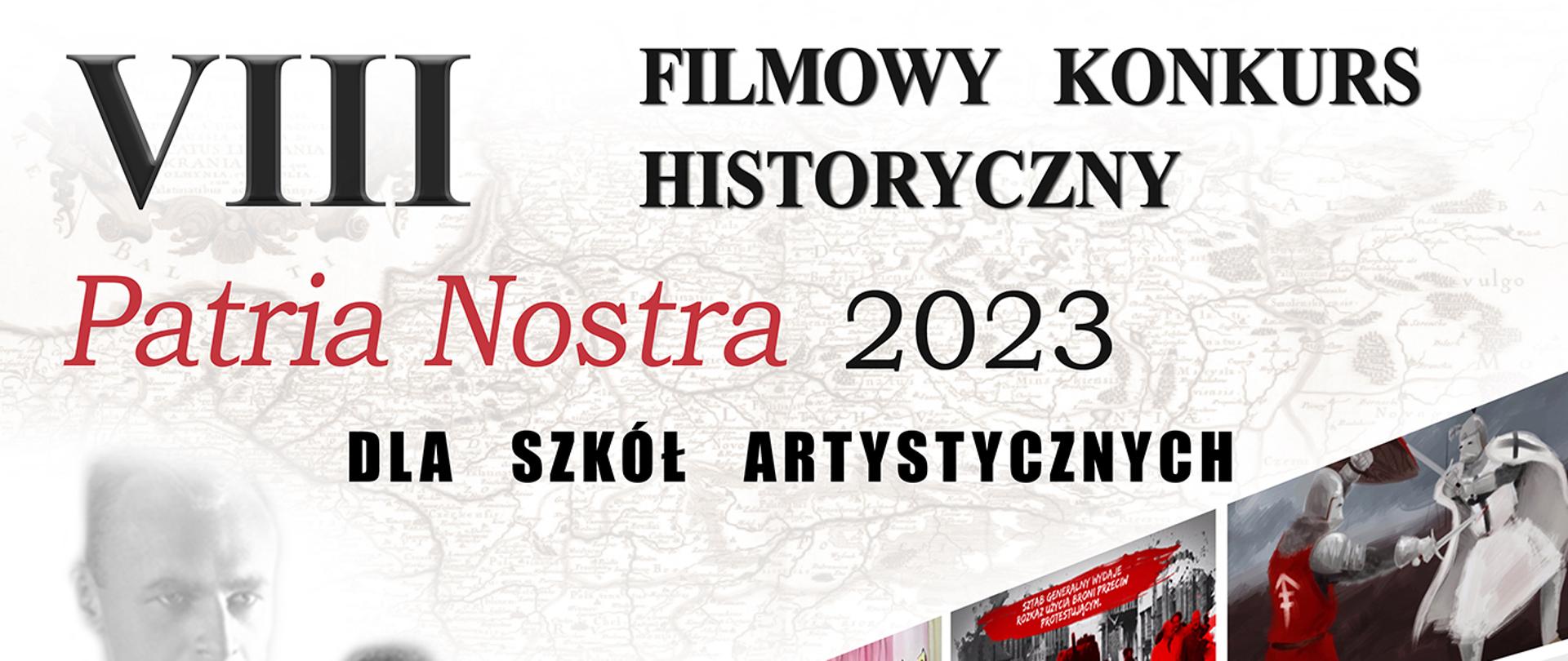 Plakat biało czerwony Konkursu Patria Nostra 2023 z postaciami znanych Polaków i informacją o konkursie